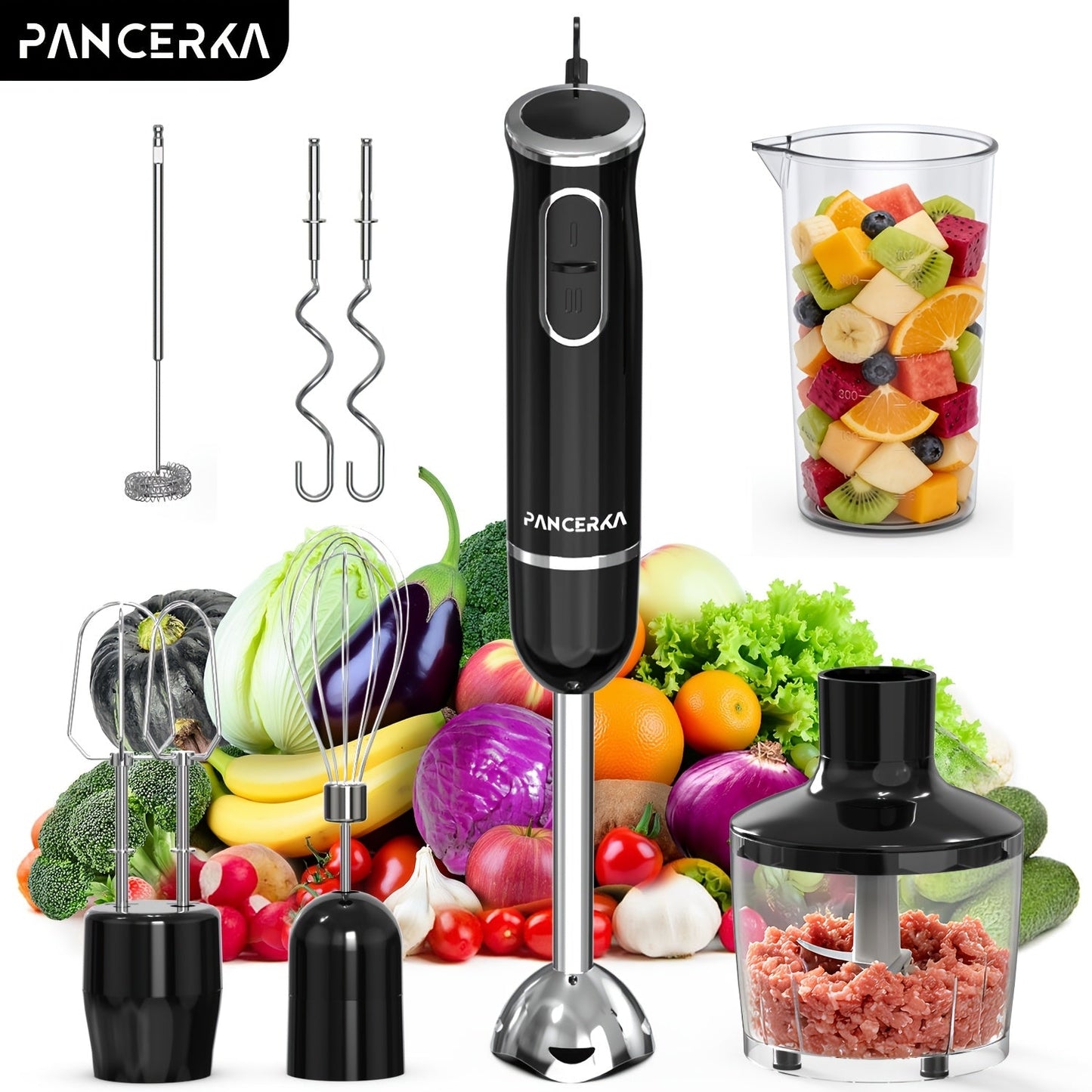Black 8-in-1-Labeled Immersion Blender Set with 600ml Chopper, Dough Hooks, Whisk and Frother