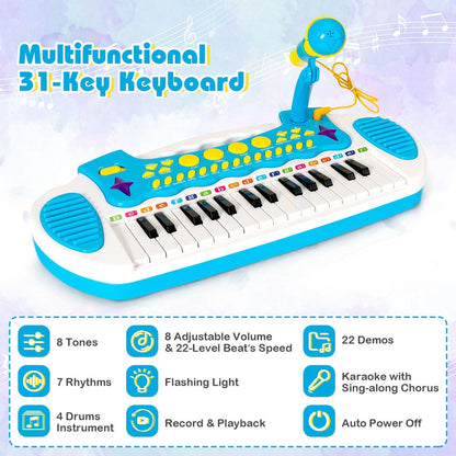 Kids Piano Keyboard 31-Key with Microphone & Stool, 22 Demos 8 Tones 7 Rhythms Flashing Lights, Portable Musical Toy for Toddlers Boys Girls Age 3+, Blue
