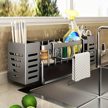 Kitchen Sink Organizer Sponge Holder with Self-Draining Tray Removable Rag Rod Carbon Steel for Home Cooking, Dining and Outdoor Meals