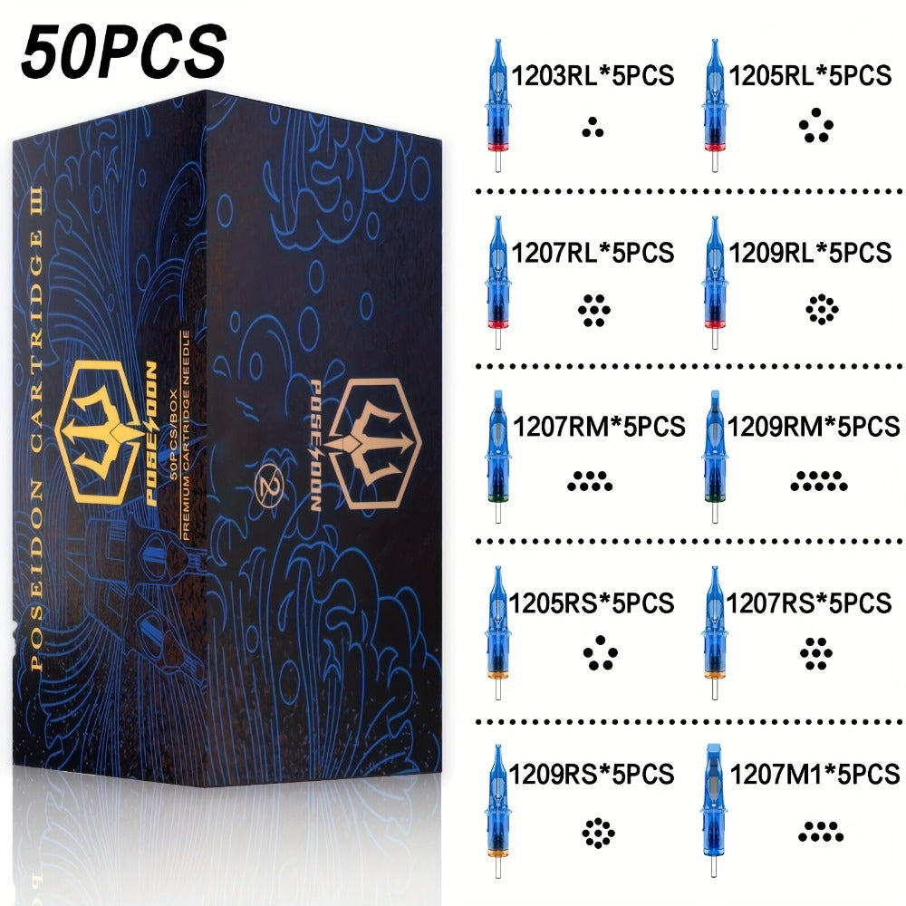 Tattoo Cartridge Needles with POSEIDON V3 Label, 50-Piece Mixed, RL-Only or RS-Only Pack Choices