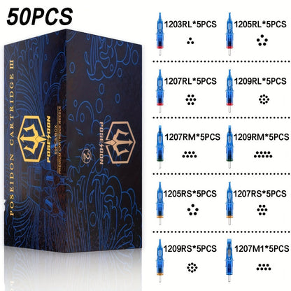 Tattoo Cartridge Needles with POSEIDON V3 Label, 50-Piece Mixed, RL-Only or RS-Only Pack Choices