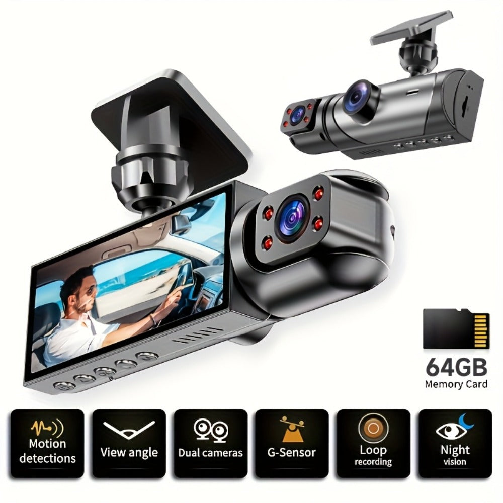 Dual Lens Dash Cam Front and Inside 1080P - Infrared Night Vision, Loop Recording, 3.16" IPS Screen, Wide Angle, Car Dashboard Camera with Rear Cabin View