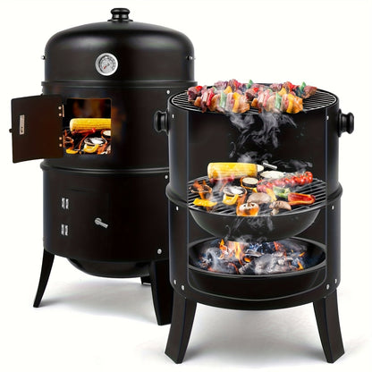 3-in-1 Barrel Charcoal Grill and Smoker with Two Access Doors, Top Vent, Thermometer and Upgrade Option