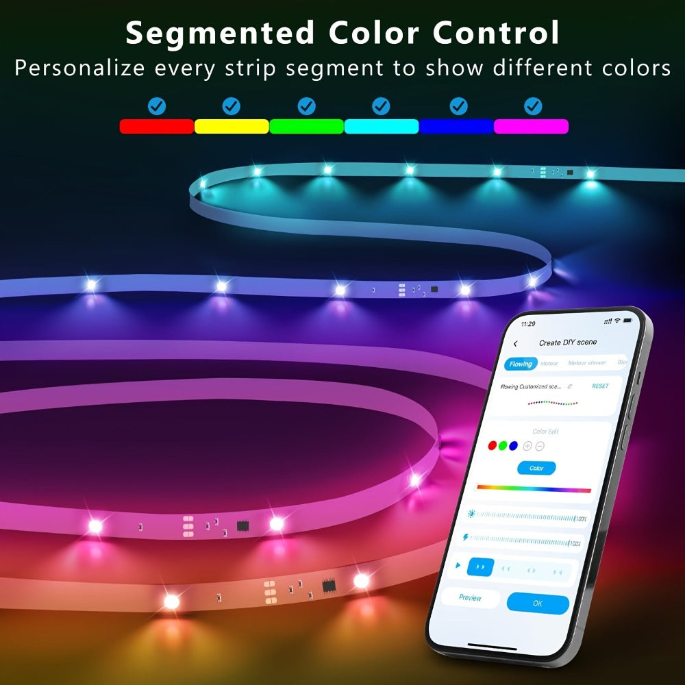 RGB LED Light Strip 50ft 100ft 130ft 16 Million Colors Music Sync – App & 24-Key Remote Control, Color Changing LED Strips for Bedroom, Game Room, Dorm & Party Decoration