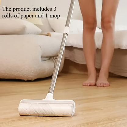 Long-Handle Pet Hair Lint Roller Set with Floor Mop Head and Three Pictured Adhesive Refill Rolls