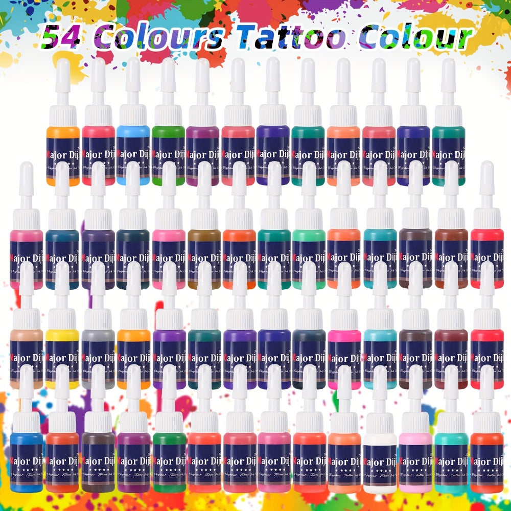 54 Color Tattoo Ink Set Professional - Complete Permanent Tattoo Ink Kit Full Spectrum Vibrant Pigments, Long-Lasting Fade-Resistant Formula, for Rotary Coil & Pen Tattoo Machine, Artists & Beginners