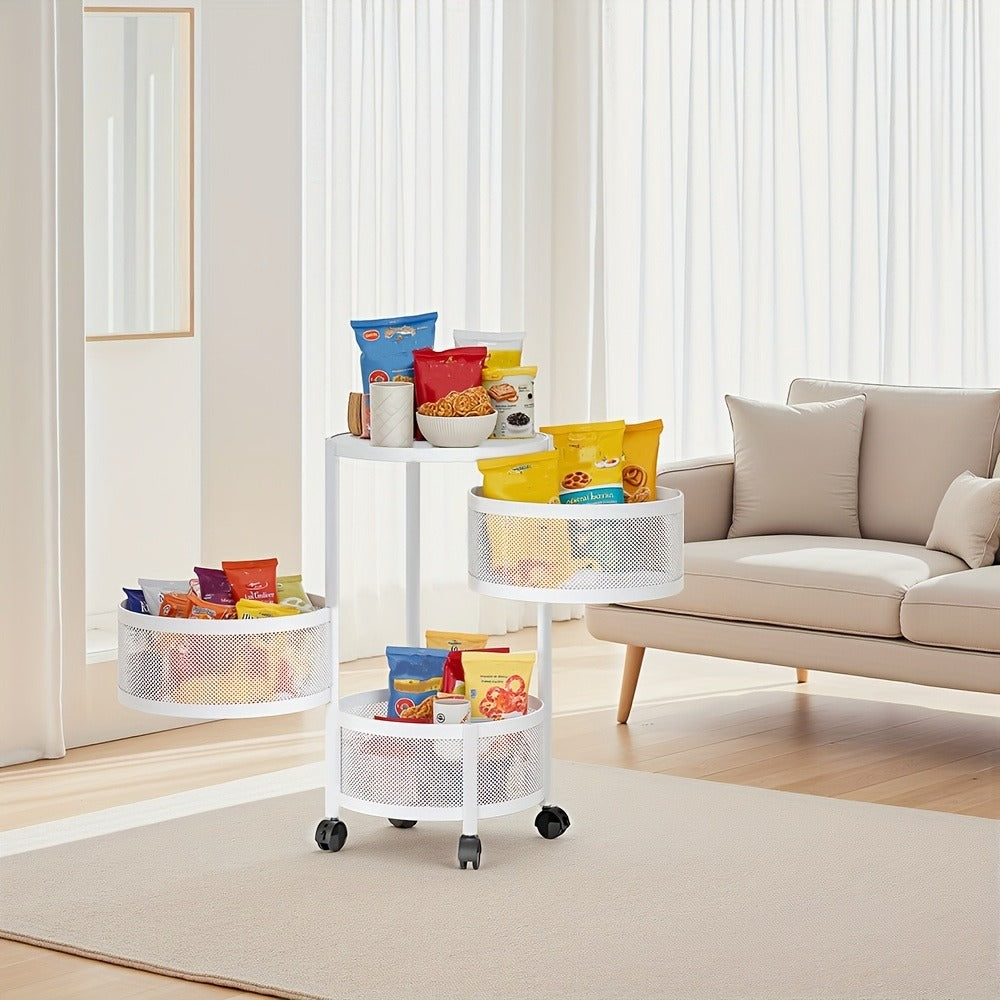 Round-Basket Rolling Storage Rack with Four or Five Mesh Levels, Caster Base and Black or White Finish