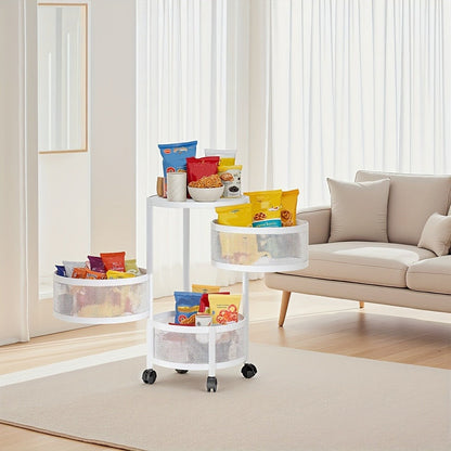 Round-Basket Rolling Storage Rack with Four or Five Mesh Levels, Caster Base and Black or White Finish