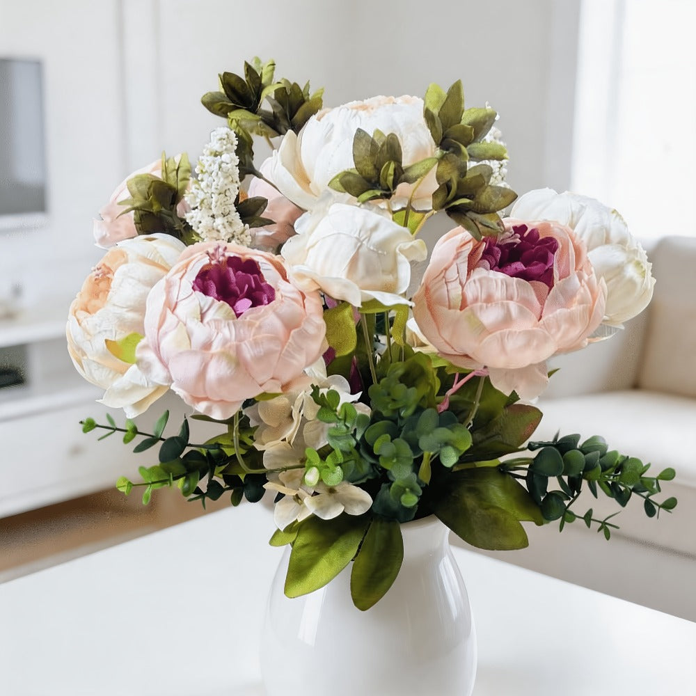 Faux Peonies Hydrangeas Artificial Flowers Vintage Silk Bouquet - Pink Green Mix Floral Centerpiece for Bridal Wedding Home Table Decor Rustic Farmhouse Arrangement