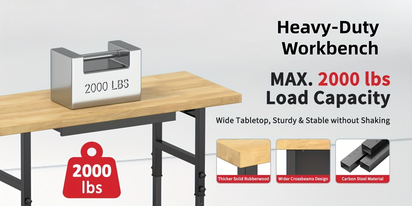 Garage Workbench Solid Wood Tool Desk with Drawers, Power Outlets & Swivel Casters, 48"/60"/70" Heavy-Duty Workshop Bench for Home Garage & Workshop