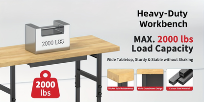 Garage Workbench Solid Wood Tool Desk with Drawers, Power Outlets & Swivel Casters, 48"/60"/70" Heavy-Duty Workshop Bench for Home Garage & Workshop