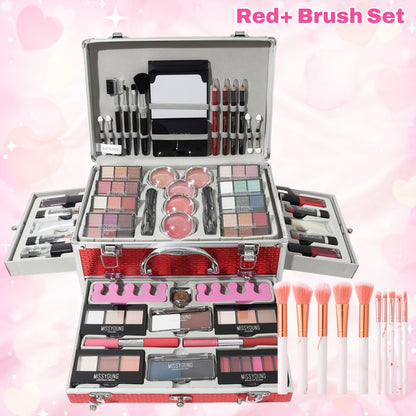 106-Piece Makeup Case Set with Red or Silver Carry Case, Fold-Out Color Palettes, Lip Products and Ten Makeup Brushes