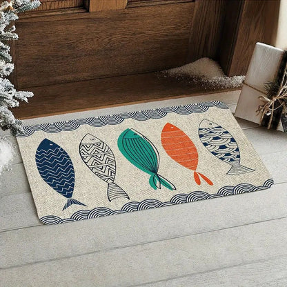 Colorful Fish Door Mat with Wave-Border Print, Flannel-Described Surface and 40 x 60cm or 50 x 80cm Sizes