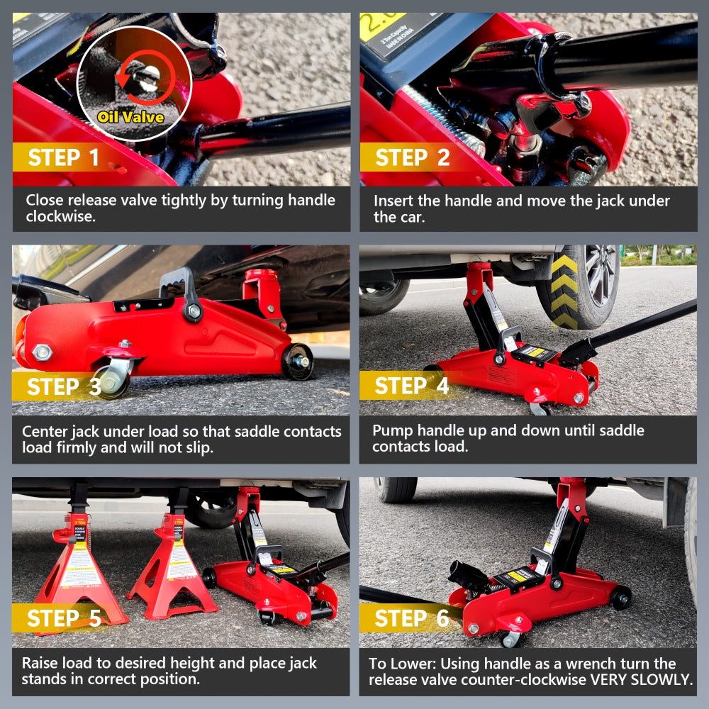Hydraulic Floor Jack Kit 2/2.5/3 Ton Low Profile Trolley Jack with Jack Stands, Tire Repair Kit, Wheel Wrench & Wheel Chock Combo - Red/Blue