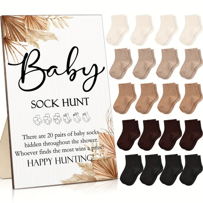 Baby Shower Sock Hunt Party Supplies Game with 20 Pairs of Socks, Wooden Sign and Five Themes