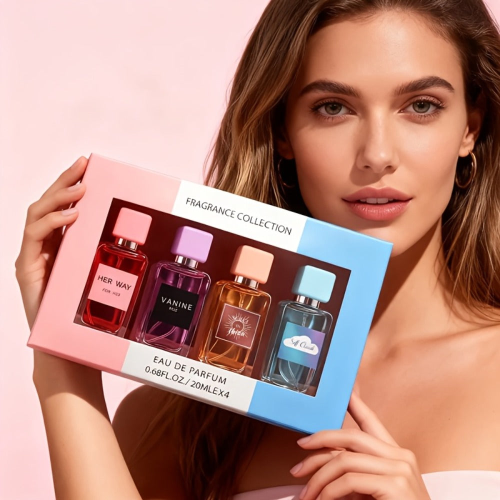 Perfume Gift Set for Women with Four 20ml Eau de Parfum Sprays, Floral Labels and Pink Display Box