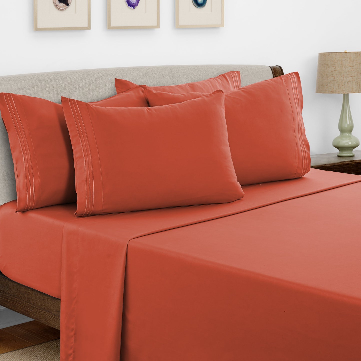 Bed Sheet Set Brushed Microfiber with Embroidered Pillowcases, 16-Inch Pocket and 4- or 6-Piece Sizing