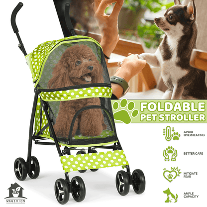 Four-Wheel Pet Stroller with Mesh Cabin, Folding Frame, Lower Basket and Ten Color or Print Options