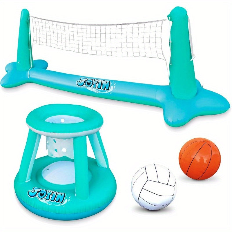 Inflatable Pool Volleyball Set with Basketball Hoop – 2-in-1 Floating Net Court Game for Kids & Adults, Summer Pool Party Toy, Outdoor Swim Sport, Backyard Water Fun