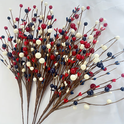 Artificial Berry Branches Red White Blue Patriotic Decor – 5pcs Fake Plastic Stems for Home Tabletop Vase Floral Arrangement Fourth of July