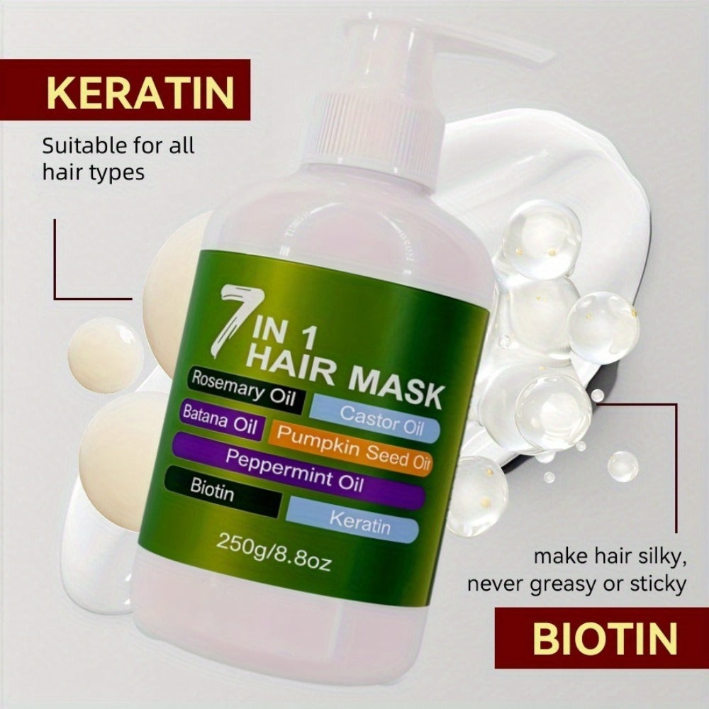 250g 7-in-1 Hair Mask in White Pump Bottle with Rosemary, Batana, Castor and Peppermint Oils