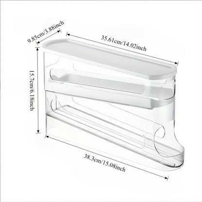 White Double-Layer Rolling Egg Dispenser with 38.2 cm Length for Refrigerator Shelf Storage