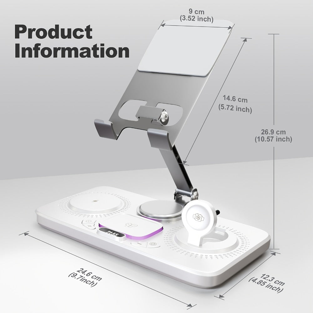 Wireless Charging Station, WLP Power 6-in-1 15W Dock with Clock, Atmosphere Light and Four-Device Layout