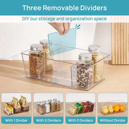 Clear Pantry Storage Bins Set of 8 with Dividers - Transparent Refrigerator Organizer Bins for Kitchen Cabinet, Pantry Organization, Snack Packet Spice Pouch Storage, 10.4" x 6.1" x 3.5"