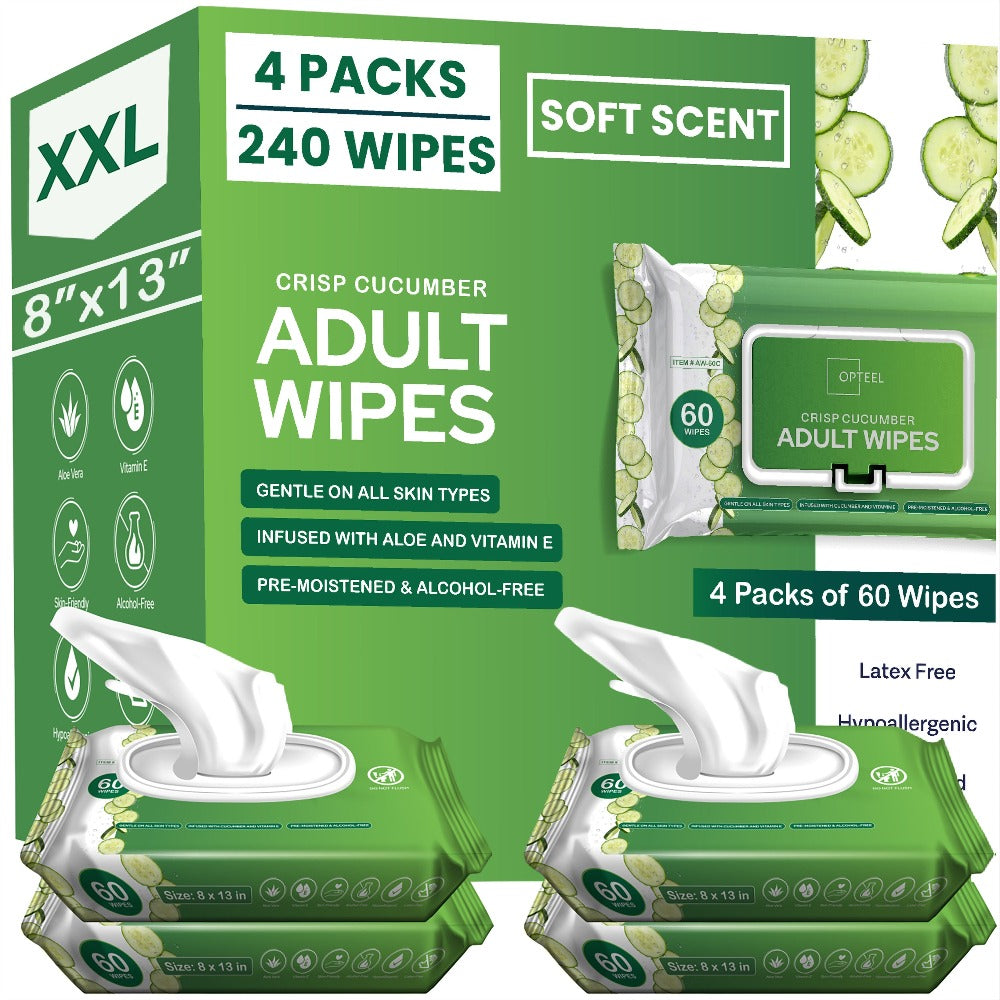 Adult Wet Wipes, Extra Large 8x13 Inch 240ct 4 Packs of 60 Aloe Vitamin E Cucumber Scent for Bath Time