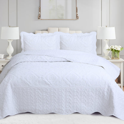 Quilt Set 3 Piece Floral Embroidery Bedspread - 100% Polyester Wrinkle Resistant Lightweight Quilted Coverlet with 2 Pillow Shams for Full Queen King Bed, Elegant Bedroom Decor in 19 Colors