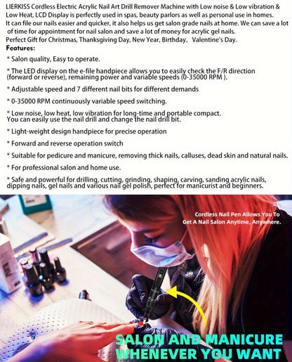 Nail Drill Machine 35000 RPM LCD Display Rechargeable Portable Electric Nail File with Forward Reverse Rotation Low Noise – Professional Nail Grinder for Gel Acrylic Natural Nails Manicure Pedicure Home Salon
