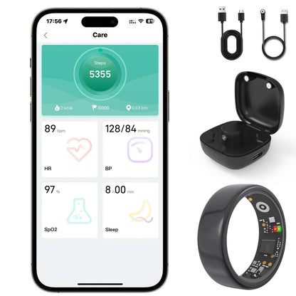 Smart Ring Fitness Tracker with Charging Case – Sleep Tracker Step Counter Distance Monitor for Women & Men | Sizes 7-13 | Black Silver Gold | iPhone & Android | USB Rechargeable | Health Gift