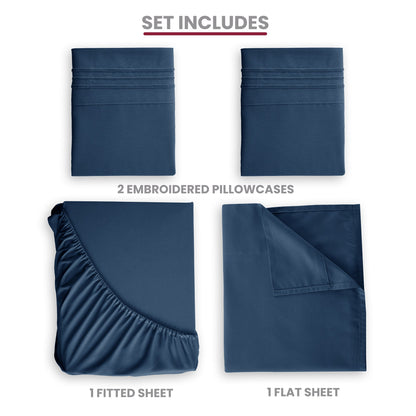 Bed Sheet Set Microfiber with Size-Dependent 3- or 4-Piece Contents and Six Documented Bed Dimensions