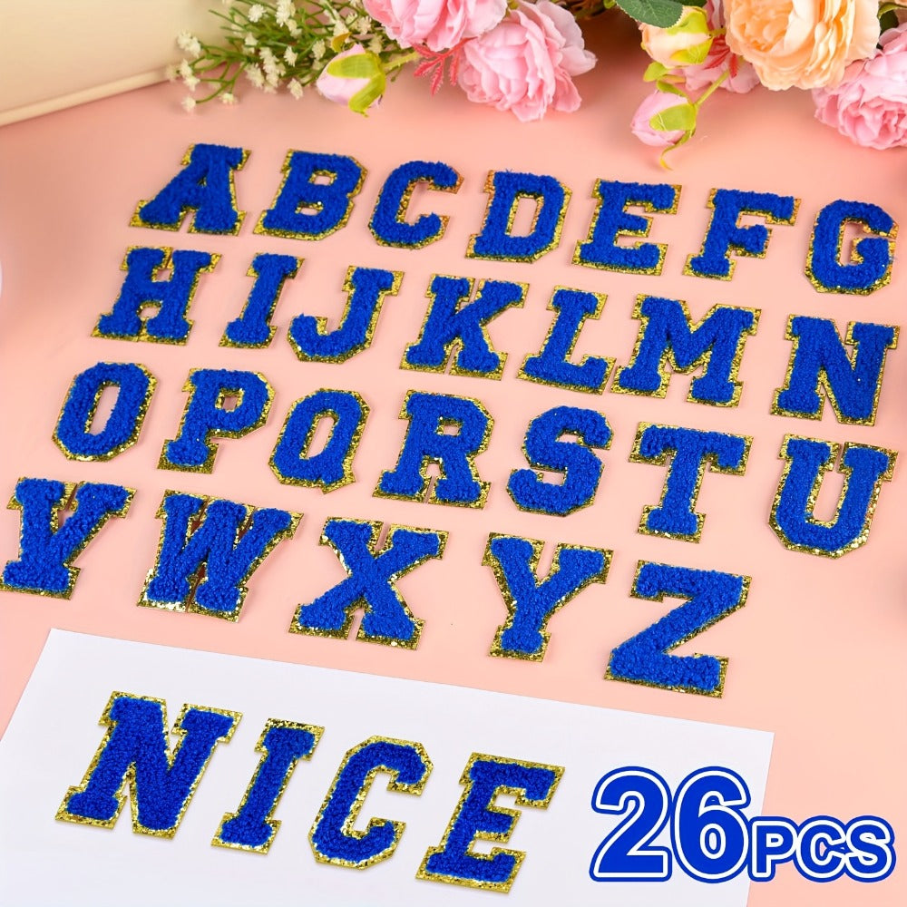 Chenille Alphabet Letter Patch Set, 26 Self-Adhesive A-Z Appliques in Five Exact Checkout Colors