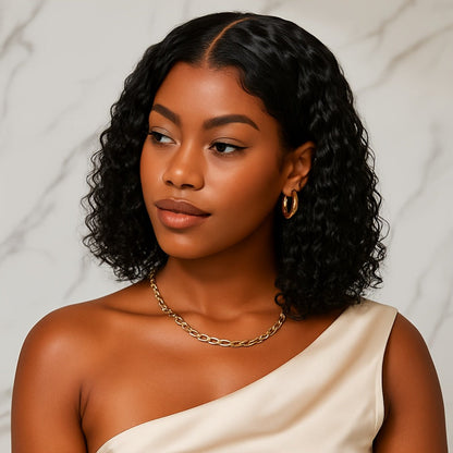 Lace Front Wig Deep-Wave Black 14-Inch Synthetic Style with Glueless Cap, Pre-Plucked Front and Baby Hair