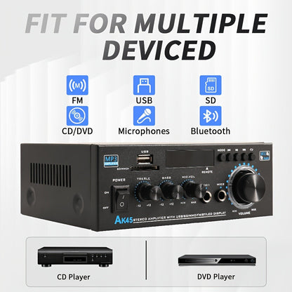 AK45 Two-Channel Bluetooth Home Audio Amplifier with FM, Karaoke Inputs, USB, MMC and SD Card Playback Options