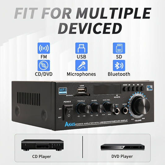 400W Bluetooth 5.0 Stereo Amplifier Receiver AK45, 2-Channel Home Audio Power Amp with Karaoke, FM Radio, USB MMC SD Card, Supports Passive Ceiling Speakers Garage Home Theater Speaker System