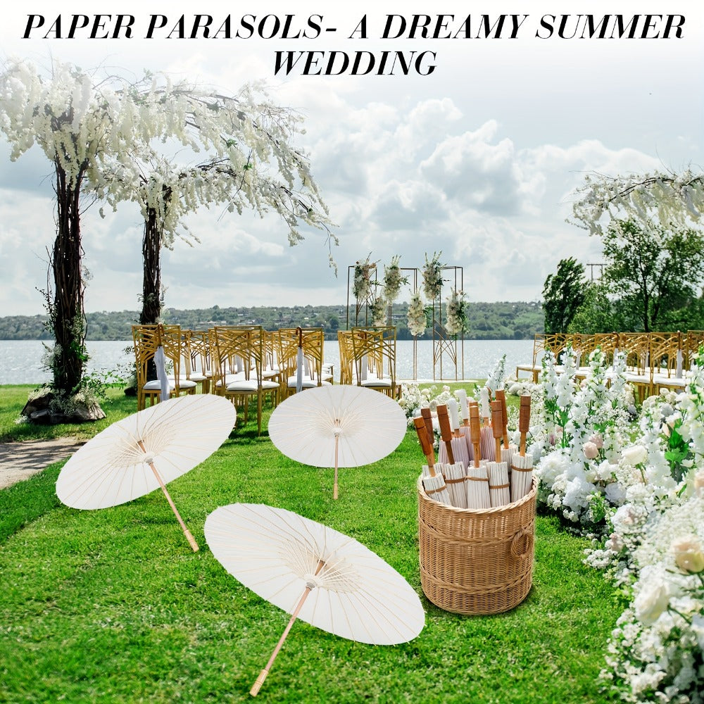 Paper Parasols 24 Pack 33 Inch - Decorative Paper Umbrellas for Party Photobooth Props, Wedding Decorations, Bridal Shower, Traditional Chinese Japanese Style with Wooden Handle
