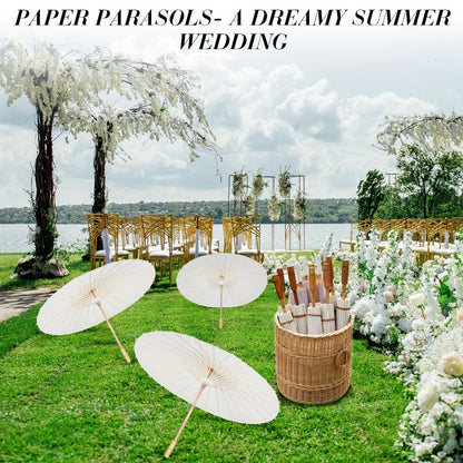 Paper Parasols 24 Pack 33 Inch - Decorative Paper Umbrellas for Party Photobooth Props, Wedding Decorations, Bridal Shower, Traditional Chinese Japanese Style with Wooden Handle