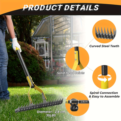 15-Inch Garden Thatch Rake with Curved Metal Teeth and 55- or 70-Inch Sectional Handle Options