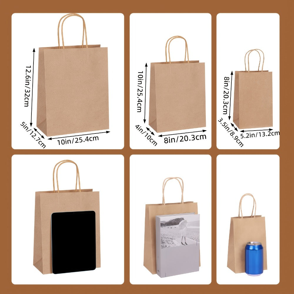 Kraft Paper Gift Bags with Handles in 75, 90, 120 or 210-Piece Mixed-Size Checkout Options