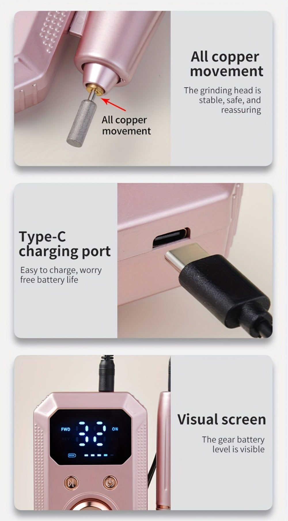 Electric Nail Drill Rechargeable 11 Grinding Heads & 20 Sanding Rings High-Speed Nail Grinder Machine for Acrylic Gel Natural Nails - Home Salon Manicure Pedicure Tool, Grey Rose Gold White