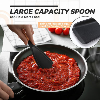 Silicone Kitchen Utensil Set 2/4 Pcs – 12-Inch Wood Handle Cooking Tools with Stay-Cool Grip for Frying, Baking, Mixing & Serving, Non-Stick Cookware Safe Spatula & Spoon Kit