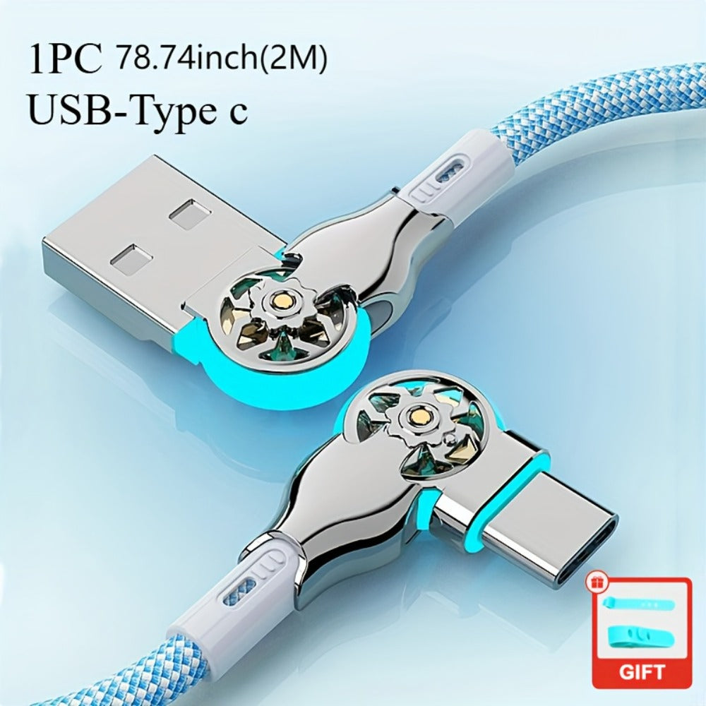 Double-Elbow USB-C to USB-C Cable with Rotating Right-Angle Connectors, Blue LED Accents and 2 m Length