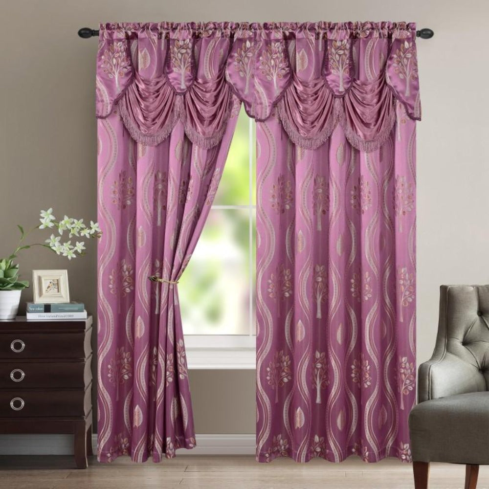 Two-Panel Jacquard Window Curtain Set with Attached Waterfall-Style Valance, 54 x 84-Inch Size and Four Colors