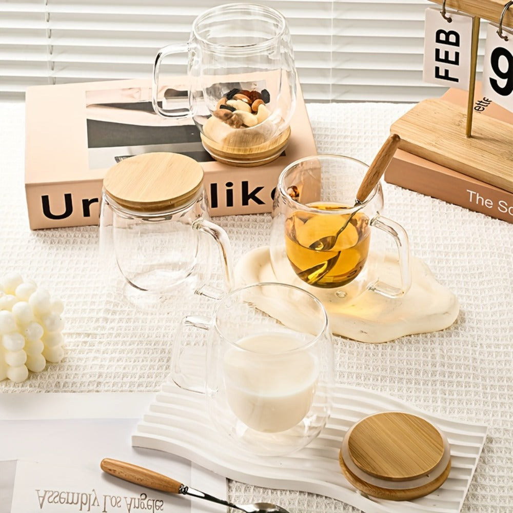 Four-Piece Double-Wall Glass Coffee Cup Set with 350 ml Capacity, Wooden-Style Lids and Spoons