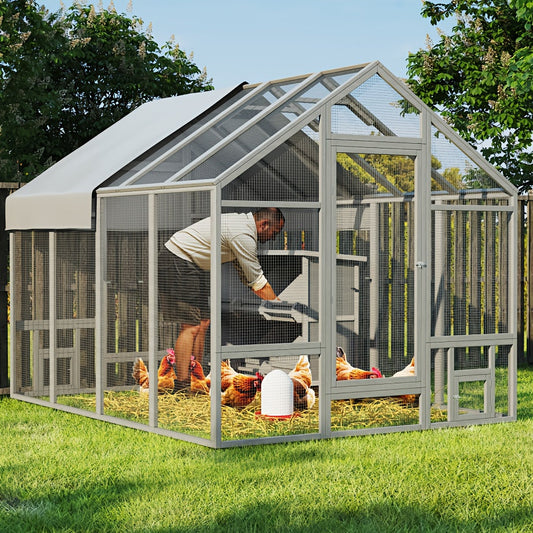 Walk-In Chicken Coop 96" Extra Large with Movable Fence | Outdoor Wooden Poultry Cage with Weatherproof Cover, Nesting Box & Walk-In Run for Farm, Yard – Gray