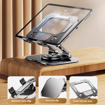 Black Rotating Metal Tablet Stand with Folding Desktop Base, 15 × 11.6 × 16 cm Label and Adjustable Viewing Angle