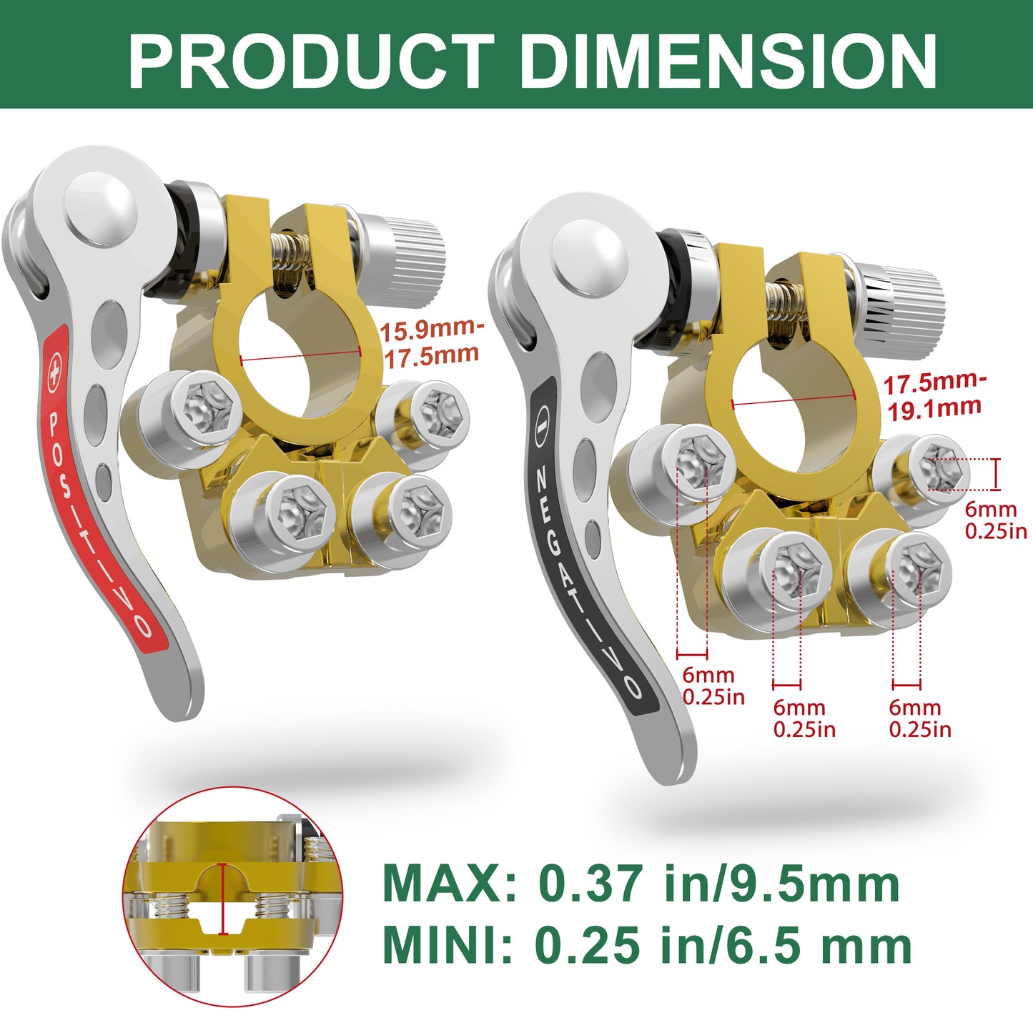 Car Battery Terminal Connectors 4pcs Set – Pure Copper Tin-Plated Quick Release Disconnect, SAE/JIS A Type Positive & Negative Clamps with Stainless Steel Screws, Universal Fit