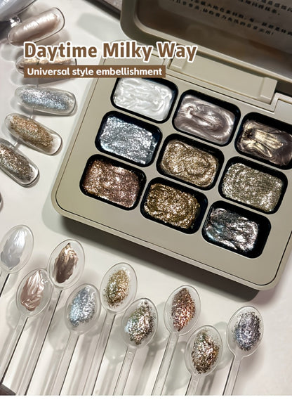 Shimmer Nail Art Gel Nine-Color Grid Palette with Metallic Neutral or Milky Way Color Selection